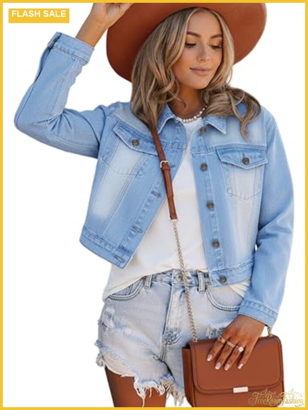 Women's Lightweight Cropped Denim Jacket Stretchy 4 Pockets Casual